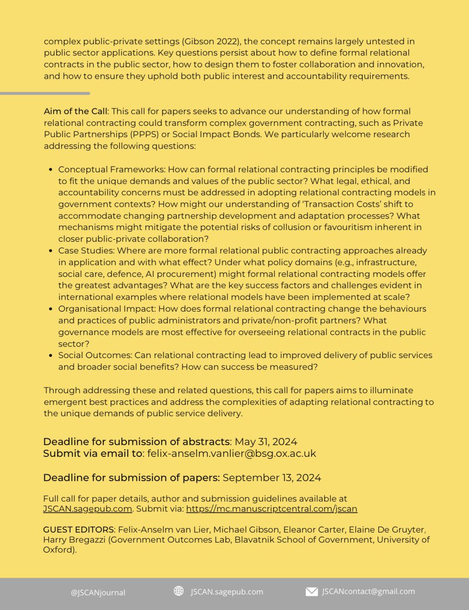 Michael Gibson (@michaeljgibson_) on Twitter photo Exciting opportunity to contribute @JSCANjournal special issue “From Transactions to Partnerships: Opportunities and Challenges of Formal Relational Contracting in the Public Sector”. Guest edited by me & <a href="/golaboxford/">Government Outcomes Lab</a> colleagues. Abstract deadline 31 May golab.bsg.ox.ac.uk/documents/Rela… Exciting opportunity to contribute @JSCANjournal special issue “From Transactions to Partnerships: Opportunities and Challenges of Formal Relational Contracting in the Public Sector”. Guest edited by me & <a href="/golaboxford/">Government Outcomes Lab</a> colleagues. Abstract deadline 31 May golab.bsg.ox.ac.uk/documents/Rela…