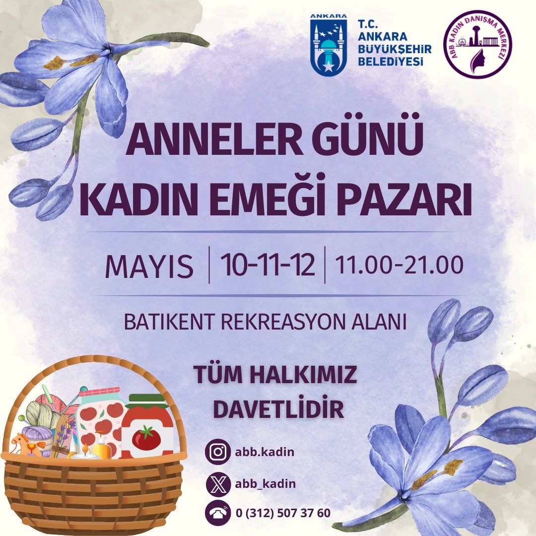 Ankara Büyükşehir Belediyesi Kadın Danışma Merkezi olarak 10- 11 -12 Mayıs tarihlerinde düzenlediğimiz “Anneler Günü Kadın Emeği Pazarımıza” tüm halkımız davetlidir. 💜 Siz de kadınlara destek olmak için stantlarımızı ziyaret edebilirsiniz.🌸 📍Batıkent Rekreasyon Alanı