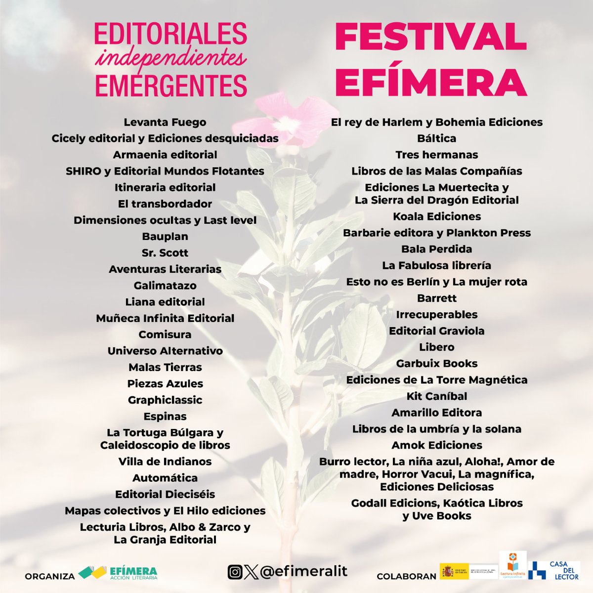 🟡🟢¡Estas son todas las editoriales que formarán parte de #festivalefímera2024! • Viernes 10, de 17:00 a 21:00 horas. • Sábado 11, de 11:00 a 15:00 horas y de 16:00 a 21:00 horas. • Domingo 12, de 11:00 a 15:00 horas. i.mtr.cool/khzoaoubsl