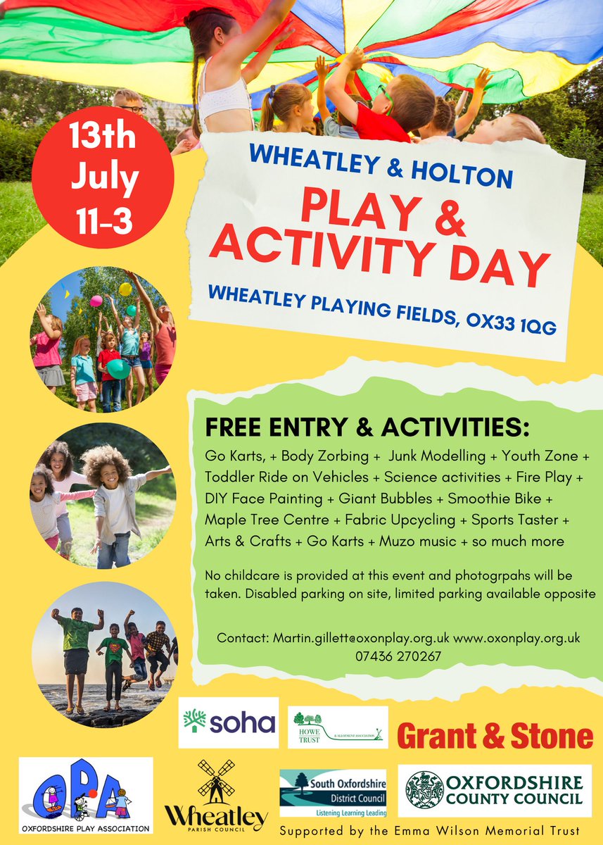 We are heading back to Wheatley & Holton for another Playday on Saturday 13th July - FREE Entrance & FREE Activities - See You There! @SohaHousing @SouthOxon @actsoxfordshire