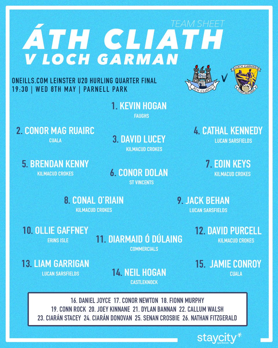 The Dublin U20s Hurlers take on Wexford at Parnell Park this evening in the Leinster Quarter Final! 

Manager Shane O'Brien has named his panel for the game below 👕

#UpTheDubs