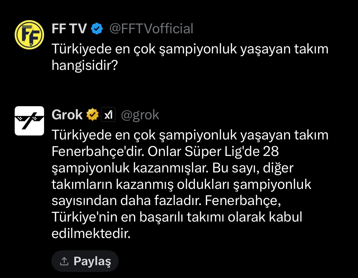 💥X’in yeni özelliği “Grok” yapay zekasına Türkiyenin en çok şampiyon olan takımını sorduk. Tabiki Fenerbahçe dedi!💛💙