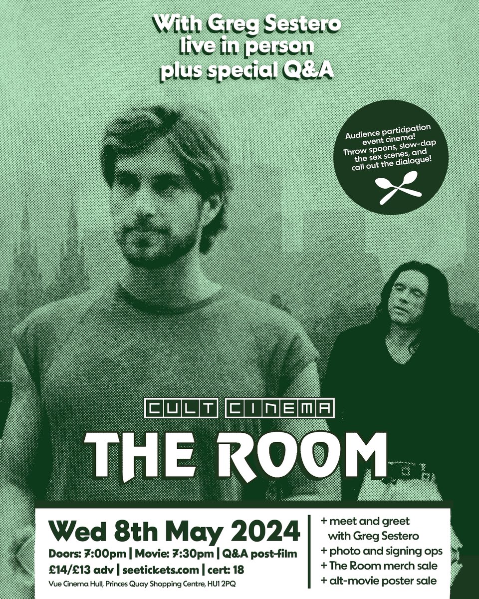 T O N I G H T

We bring The Room to the big screen at Vue Hull, with a very special guest, the star of the film, and author of the best-selling book, 'The Disaster Artist' - <a href="/gregsestero/">Greg Sestero</a>, live in person!

📅 Wednesday 8th May
🎟 FINAL TICKETS: bit.ly/CultCinemaTheR…