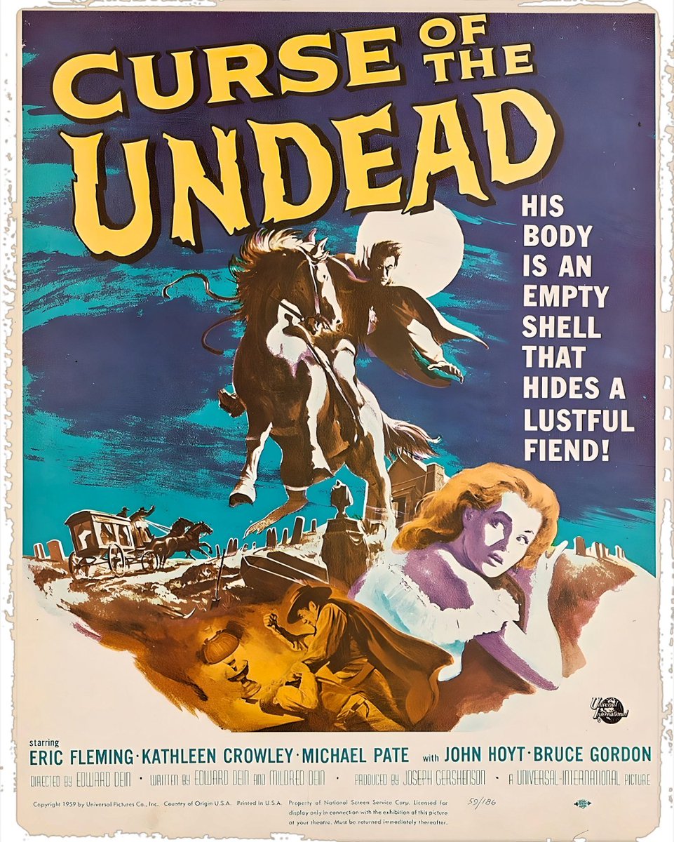 “Out of an unspeakable nightmare he rode, half human, half what?” 'Curse of the Undead' (1959), directed by Edward Dein. Starring Eric Fleming, Kathleen Crowley, and Michael Pate. The first and only western, vampire, horror film from Universal Pictures.
#WyrdWednesday #Film #50s