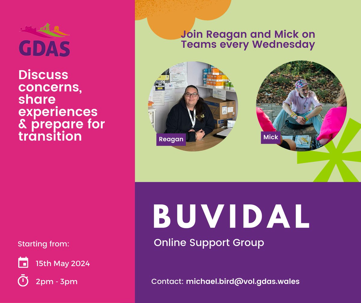 Join us for our new online Buvidal Support Group! Run by Mick and Reagan, two GDAS peers with personal experience with Buvidal. 🤝

We meet every Wednesday from 2-3pm, starting on the 15th of May. To join, please email Mick at michael.bird@vol.gdas.wales.