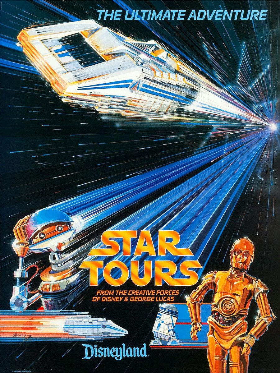 retroscifiart's tweet photo. Star Wars ‘Star Tours’ poster by Tim Delaney (1986) https://t.co/8amloFRJS7