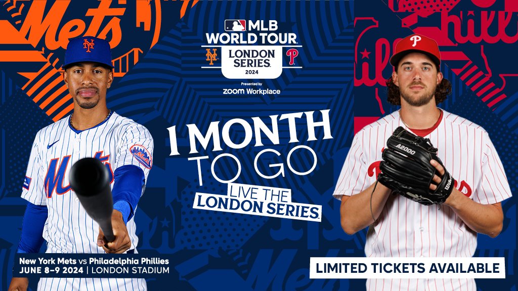 1 month until the MLB World Tour: London Series 2024 ⚾ Grab your caps, jerseys, and tickets to see the @Mets and @Phillies go head-to-head at London Stadium on 8-9 June! 🧢👕🎟️ Live the #LondonSeries 🎫 Buy now at ticketmaster.co.uk/mlb