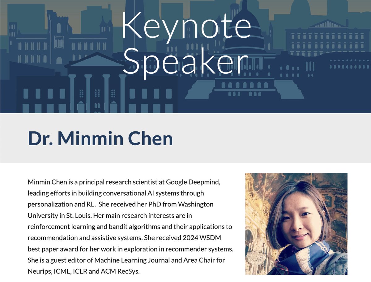 Two excellent updates:

ICTIR'24 is open for registration and will have it's own banquet! 🎉🍽️
ictir2024.org/attending/regi…

We are proud to announce our keynote speaker:
Minmin Chen

Minmin is a principal research scientist at Google Deepmind and leading figure in RL for RecSys.