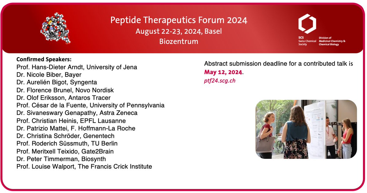 🔔Last chance to submit your abstract for a short talk at the Peptide Therapeutics Forum 2024 🗓️Aug 22-23, Biozentrum University of Basel ➡️ptf24.scg.ch #ptf24 #scg #chemistry #peptides