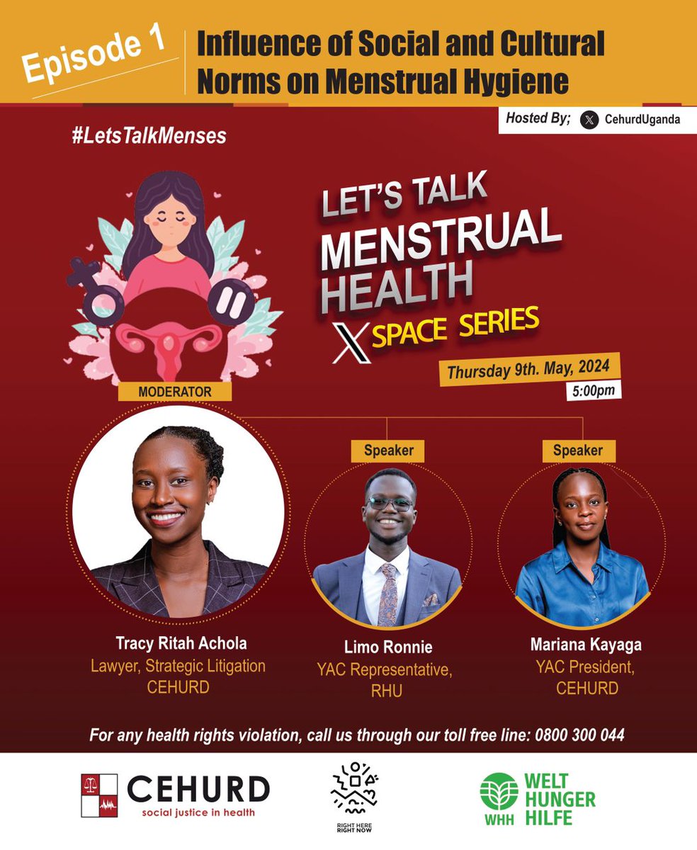 How have societal beliefs shaped menstrual hygiene practices and what can we do to break the stigma? Join our X-spaces | *Episode 1* of 𝐋𝐞𝐭'𝐬 𝐓𝐚𝐥𝐤 𝐌𝐞𝐧𝐬𝐭𝐫𝐮𝐚𝐥 𝐇𝐞𝐚𝐥𝐭𝐡 𝐒𝐞𝐫𝐢𝐞𝐬! Tune in tomorrow 9th.May.2024, 5:00pm @cehurdUganda for an insightful…