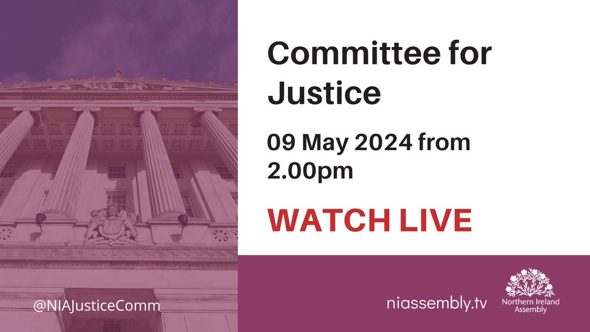 This week the Committee for Justice will be hearing evidence from the: 🟣Executive Programme on Paramilitarism and Organised Crime (EPPOC) 🟣Department of Justice regarding three LCMs 📺Watch live at niassembly.tv 📃Agenda - aims.niassembly.gov.uk/assemblybusine…