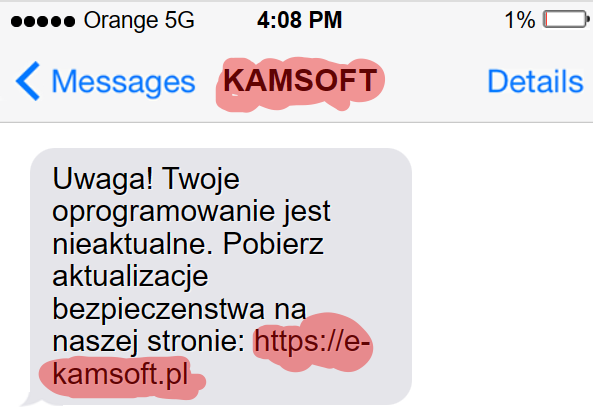 Sekurak's tweet photo. Sprytna kampania SMSowa. Podszywają się pod Kamsoft i informują o "aktualizacji bezpieczeństwa do pobrania". O akcji ostrzega CERT Orange.

❌ Zauważ sfałszowanego nadawcę SMSa (Kamsoft)

❌ Zauważ fałszywą domenę e-kamsoft[.]pl którą uruchomili przestępcy 

❌ Fałszywa domena posiada "kłódkę" / https - jak widać niewiele to znaczy w kontekście tego typu ataków

❌ Po wejściu na stronę, informuje nas ona o konieczności pobrania pliku: aktualizacja-kamsoft.exe

❌ W środku jest złośliwe oprogramowanie, które (po uruchomieniu) próbuje wykraść dane z Twojego komputera

❌ Malware obecnie wykrywa tylko 5 silników antywirusowych (Avast, AVG, Kaspersky, Elastic, ZoneAlarm)