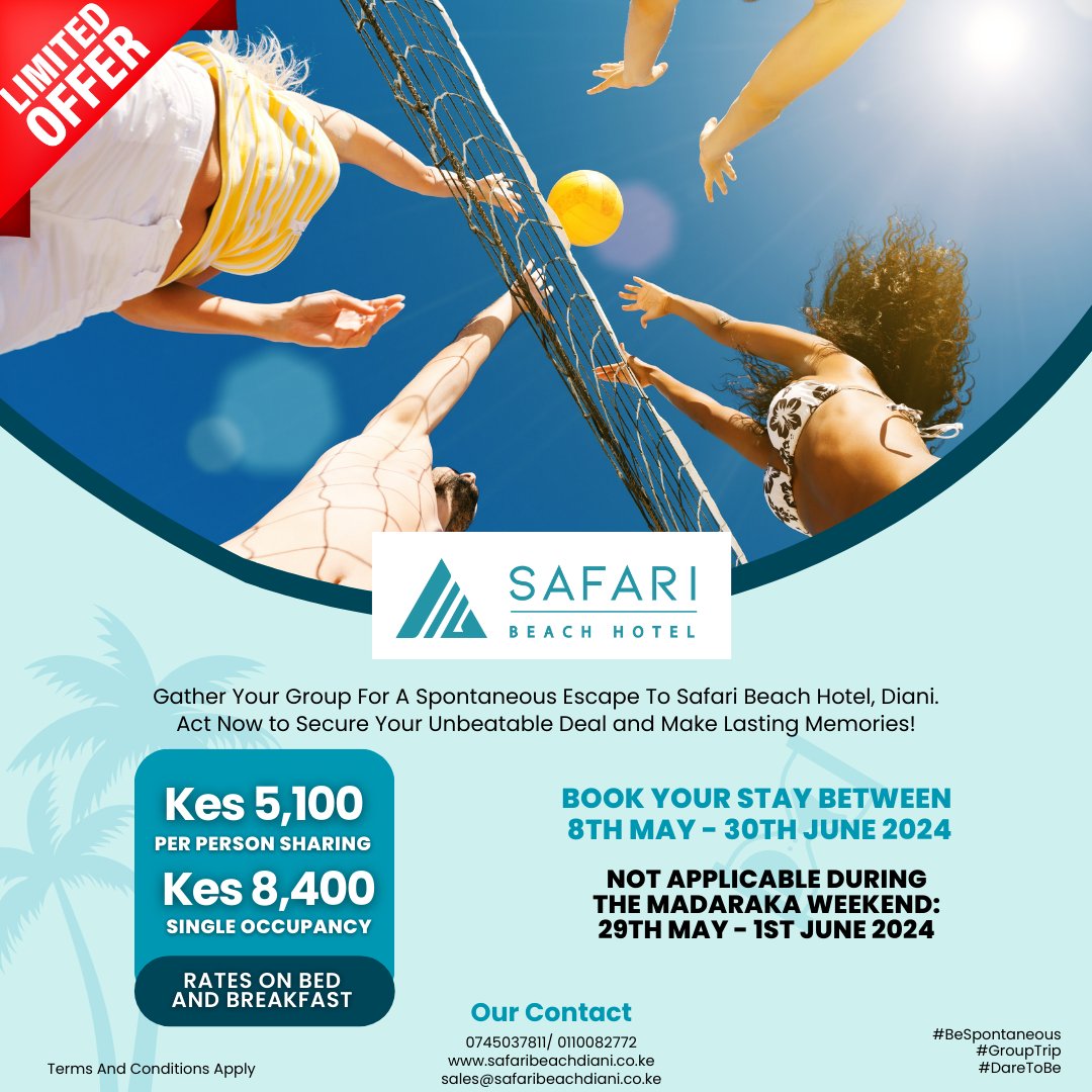 Embrace the spirit of spontaneity with our unbeatable offer! 
Your passport to unforgettable memories is here. Pack your bags, gather your squad, and let the adventure unfold. 

Book now! 
#SafariBeachDiani #SpontaneousSafari #bespontaneous #BeachBoundMemories #FriendsTrip