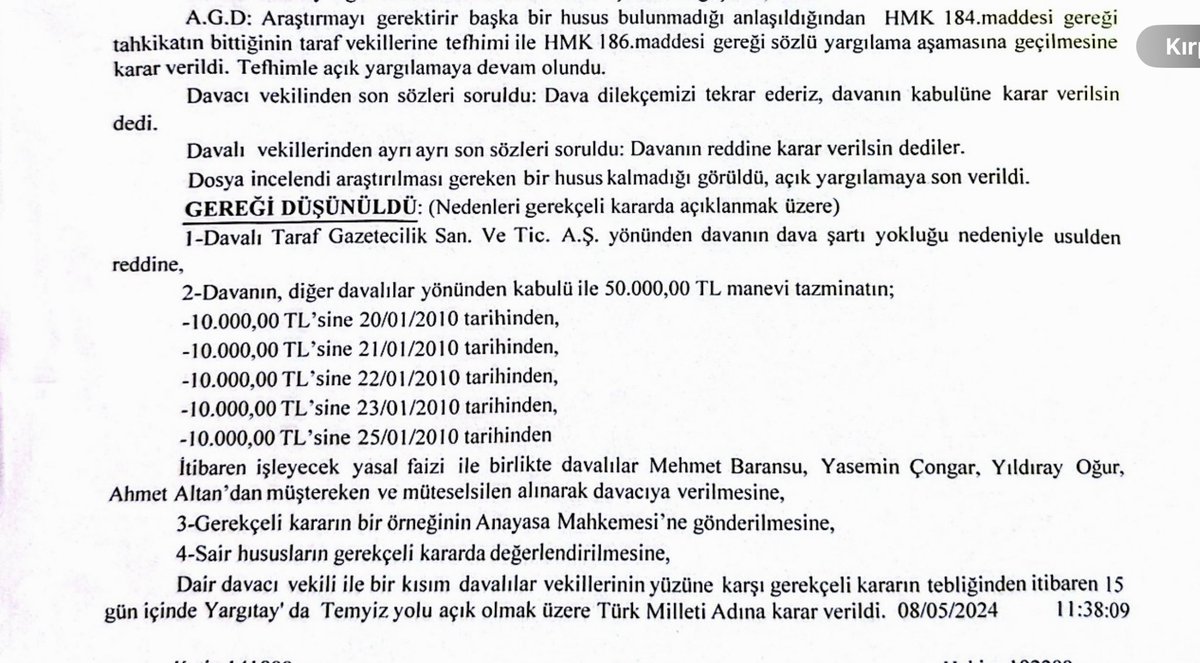 İstanbul Anadolu 9. Asliye Hukuk Mahkemesi’nde 2010 yılında Taraf Gazetesi’nde yayınlanan sahte Balyoz Harekat Planı’na ilişkin tazminat davası görüldü. Mahkeme, Davalıların, Müvekkilimiz Çetin Doğan’a 50 bin TL tazminat ödemesine hükmetti. Bu Karar Yargıtay’da kesinleşirse,…