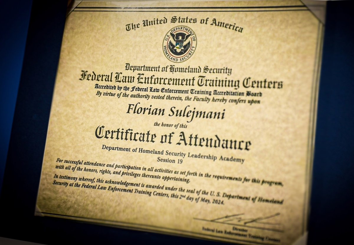 Congratulations to Albanian Police Oversight Agency Director General Florian Sulejmani on his successful completion and graduation from the U.S. Department of #HomelandSecurity Leadership Academy (#DHSLA) in Georgia. Director General Sulejmani is the first Albanian law…