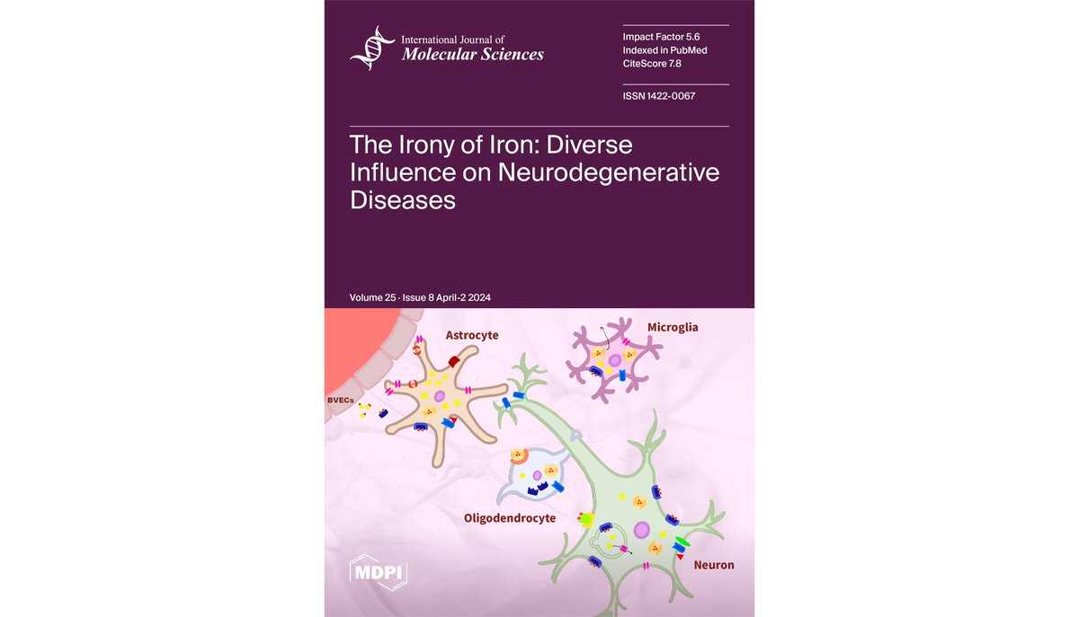 📢IJMS Volume 25 Issue 8 has been released! 📚Check the cover paper 'The Irony of Iron: Diverse Influence on Neurodegenerative Diseases'! 👨‍🔬By: Prof. Gabor G. Kovacs and Ms. Seojin Lee 🔗Link: t.ly/l-TJ- @MDPIOpenAccess @MDPIBiologySubj #neurodegeneration #iron