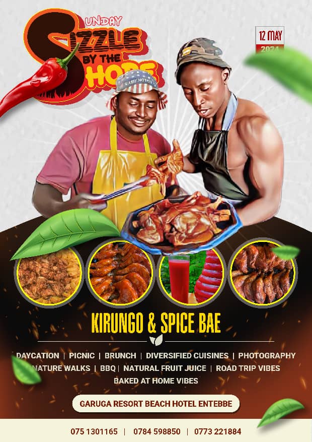 Rugby Men in kitchen' what a nice way to celebrate our mothers. Come join us as we launch Kirungo and Spice Bae at garuga resort beach hotel Entebbe this Sunday. ⛱️🌴 Inbox the numbers on the poster for more details.