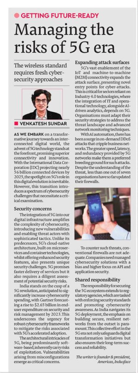 🔒The edition of @FinancialXpress publishes an article by Venkatesh Sundar (Founder and President, Americas, Indusface) where he underscores the criticality of cyber risks in the 5G era.

#securitynews #telecomsecurity #cybersecurity #iotsecurity #api #cyberrisks #cyberthreats