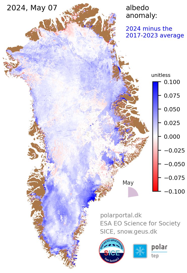 Greenland reflectivity starting the melt season on the bright side, helps sustain the ice sheet 
HT @CopernicusEU @polarview @ESA_EO #Sentinel3