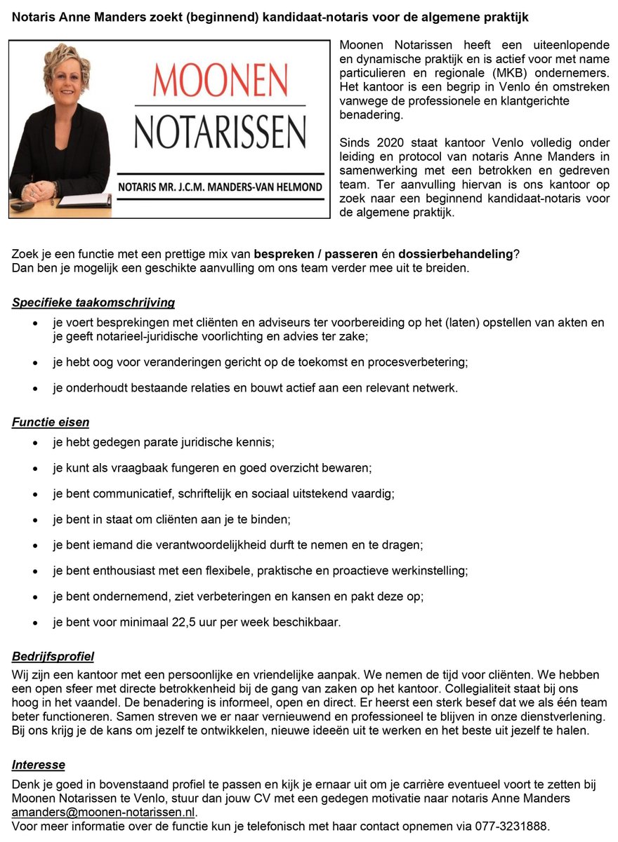 NotarisManders's tweet image. Ter uitbreiding van ons team zijn wij op korte termijn op zoek naar een (beginnend) kandidaat-notaris voor onze vestiging in Venlo 
#vacature #notariaat #notaris #notarieelmedewerker #kandidaatnotaris #ondernemingsrecht #onroerendgoed #familiepraktijk #venlo