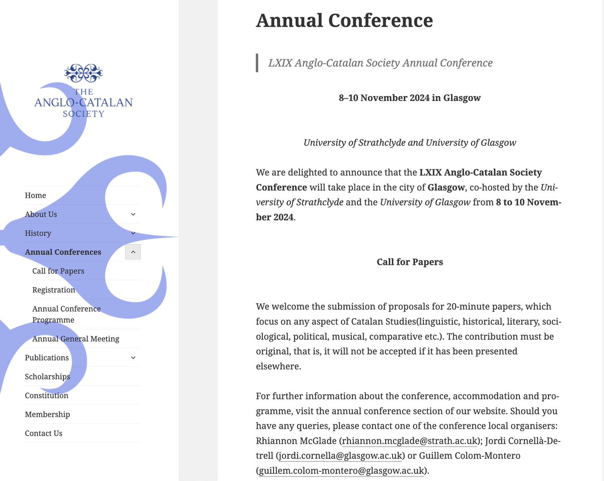 The Anglo-Catalan Society Annual Conference is coming to Glasgow, jointly organised by @StrathHum & @UofGSMLC! It will take place 8-10 November 2024 and here's the CFP ➡️ anglo-catalan.org/wp/annual-conf…
