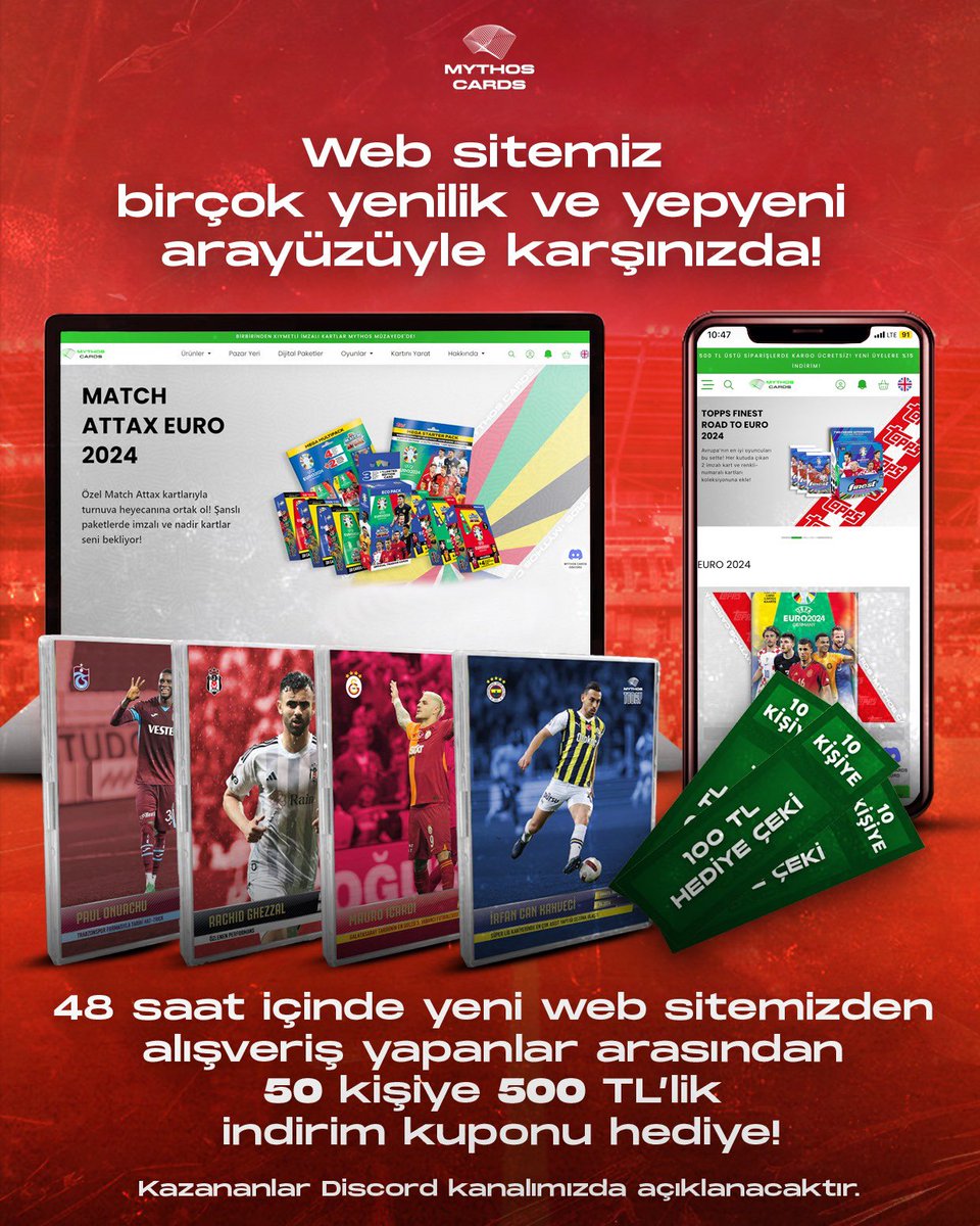 Mythos Cards web sitesi yepyeni haliyle karşınızda! 🤩🍀 48 saat içinde güncellenmiş web sitemizden alışveriş yapanlar arasından 50 kişiye 500 TL’lik indirim kuponu hediye! 🎁 *Talihliler Discord kanalımızdan açıklanacaktır. 📣 mythos.cards 👈