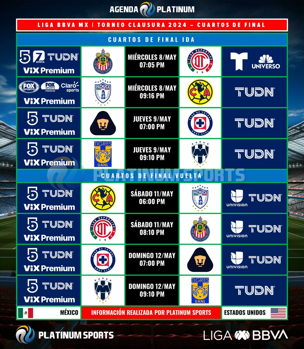 ⚽️ #AgendaPLATINUM 
🇲🇽 #LigaBBVAMX Clausura 2024 - Cuartos de Final

⏰📺 Horarios y transmisiones para México y Estados Unidos.
⚠️ Sujeto a cambios. 

#Clausura2024 - #4tosDeFinal