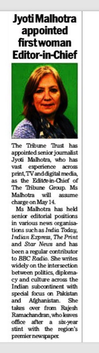 The Tribune Trust has made history by appointing the first woman Editor in Chief of the institution in its glorious 143 year history. @jomalhotra to lead the newspaper @thetribunechd