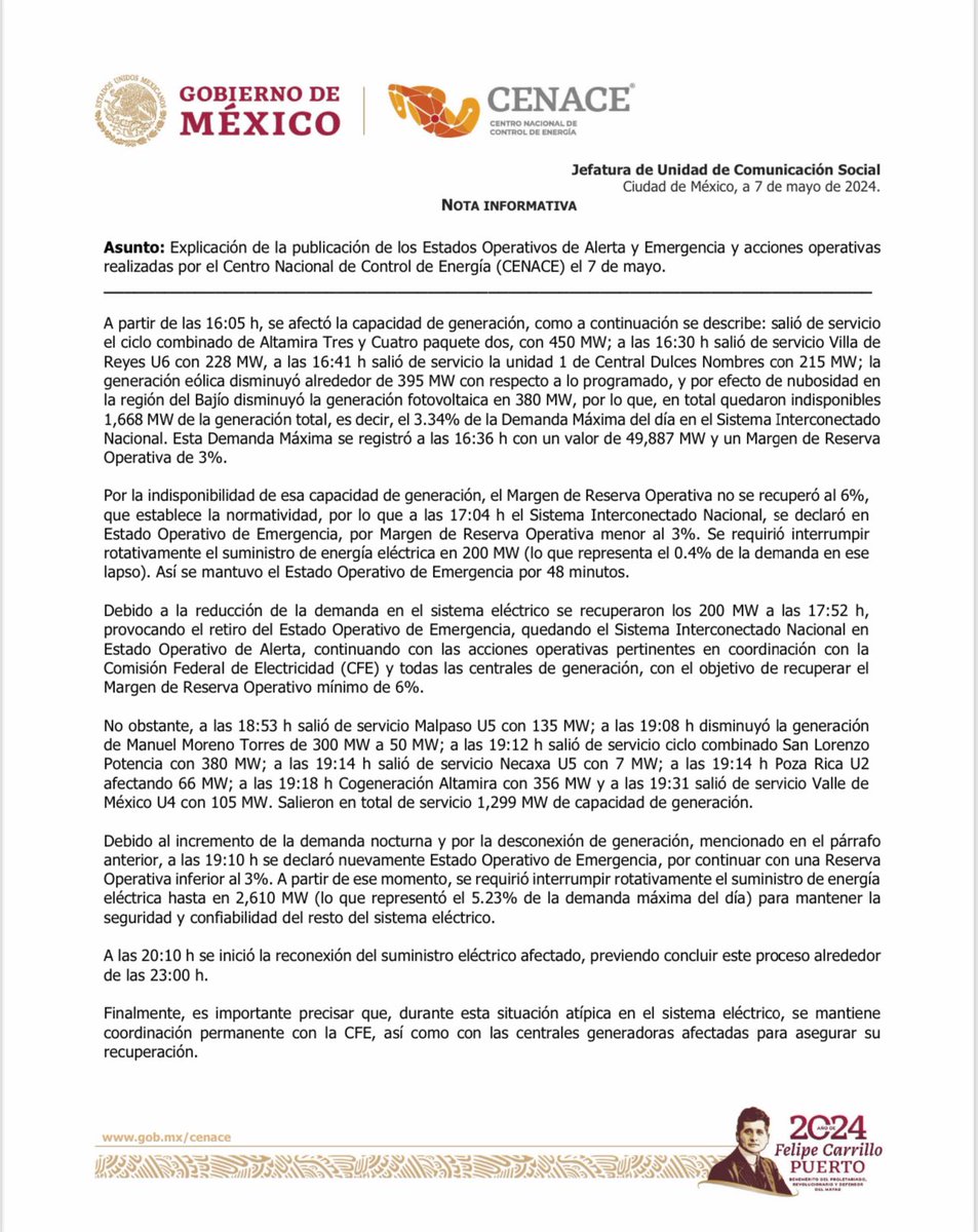 Nota informativa sobre las acciones y el estado operativo del Sistema Eléctrico Nacional #SIN #restablecimiento #suministroeléctrico