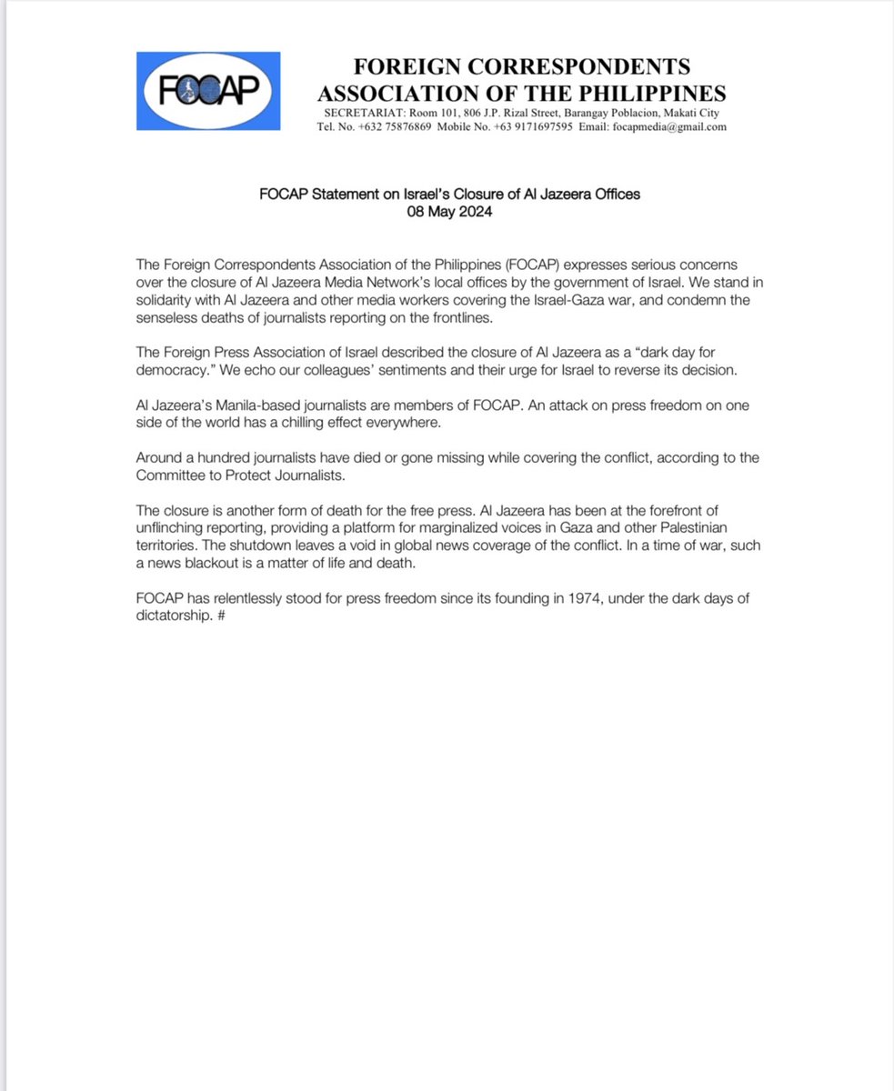 FOCAP Statement on Israel's Closure of Al Jazeera Offices 08 May 2024