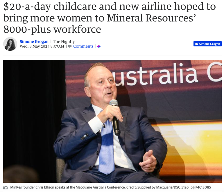 . @MRLMinRes plans to expand its workforce from over 8000 to 10,000 by year-end. Founder Chris Ellison intends to launch an airline and establish a $20-per-day childcare center at the company's headquarters to attract more female employees. Read on: ow.ly/u1YO50Rz6OL