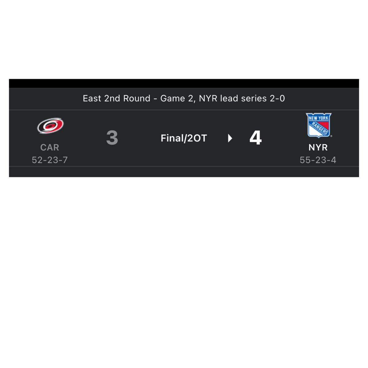In Game 2 of the #NationalHockeyLeague’s 2023-2024 #StanleyCup #Playoffs Semifinal Round, played on #May 7, 2024, The #NewYork #Rangers defeated The #Carolina #Hurricanes in two #Overtimes; The New York Rangers lead the Series: 2-0