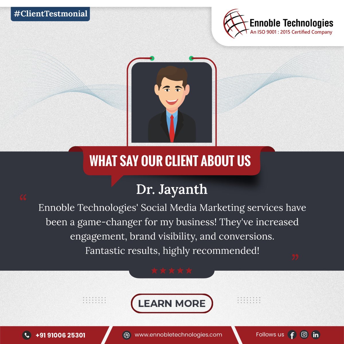 Ennoble Technologies' Social Media Marketing services have been a game-changer for my business, Highly recommended-Dr. Jayanth

Thank you for trusting us. Your happiness drives us forward!

Visit: ennobletechnologies.com
   
#ClientAppreciation #BusinessGoals #EnnobleTechnologies