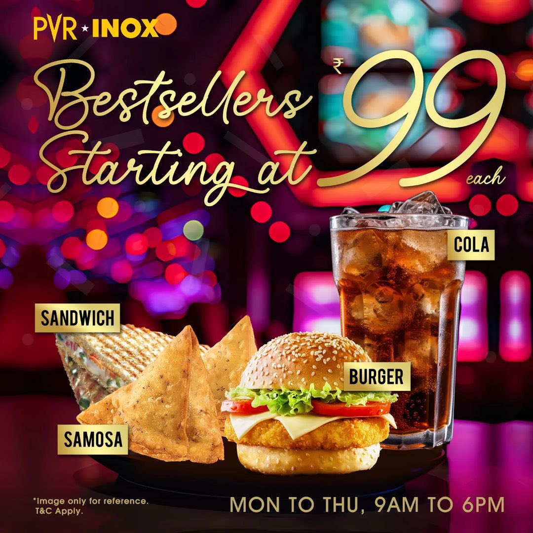 Savor the flavors of the week with our mouthwatering offer! Dive into our delectable delights for only 299, valid Monday to Thursday from 9:00 a.m. to 6:00 p.m. Head to your nearest #PVRINOX now! *T&C Apply #TastyDelights #PVRTreats #Samosa #Cola #Burger #Offer #Deals…