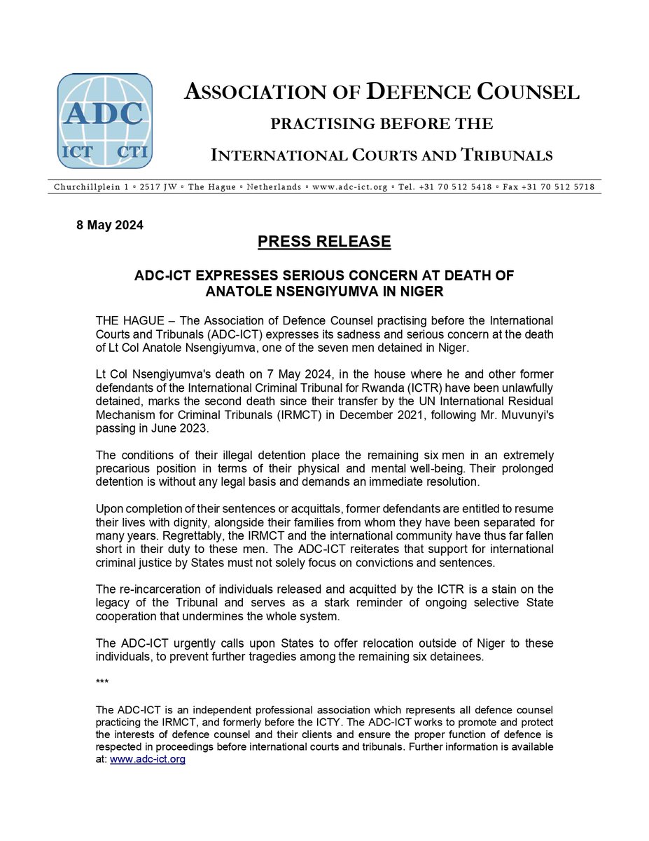 PRESS RELEASE: ADC-ICT Expresses Serious Concern at Death of Anatole Nsengiyumva in #Niger 
#IRMCT #UN #ICTR
@unirmct