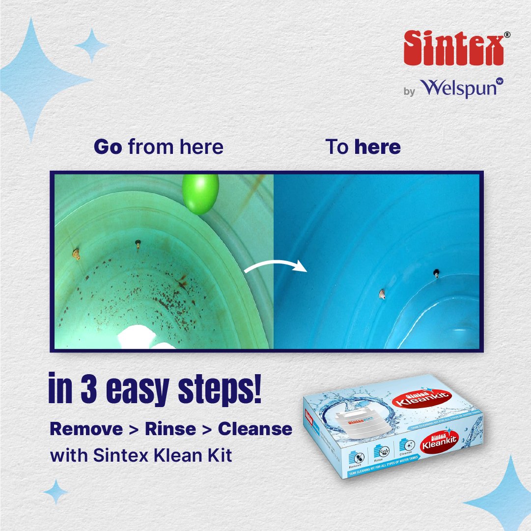 Discover the magic of KleanKit, your go-to solution for maintaining a clean and healthy water tank with minimal effort! Revitalize your water tank effortlessly in just 3 simple steps.✨ Head to sintexonline.com and buy now. #Sintex #Welspun #Kleankit #SintexKleanKit