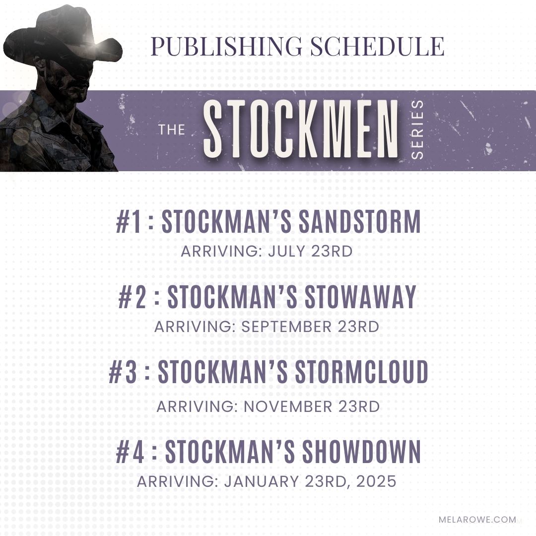 ♥Mark your calendars for the publishing schedule for THE STOCKMEN SERIES,  preorders are now available

♥For more information visit: melarowe.com/the-stockmen-s…

#romancereads #romancebooks #romancereaders