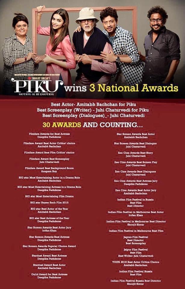 #Piku #AmitabhBachchan won his record 4th National Award and record 4th Filmfare Critics Award. #DeepikaPadukone won her 2nd Filmfare Award. National Award for Best Original Screenplay. The film generated over 141 crores and was a global hit. 
#IrfanKhan #bollywood #indiancinema