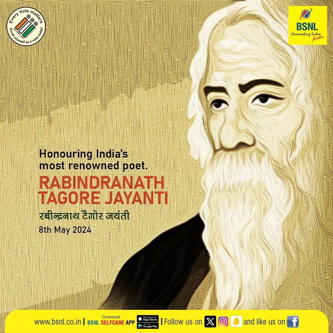 As we commemorate the birth of #RabindranathTagore, let's delve into the timeless wisdom of his verses, which serve as guiding lights through the labyrinth of life.
#RabindranathTagoreJayanti #BSNL