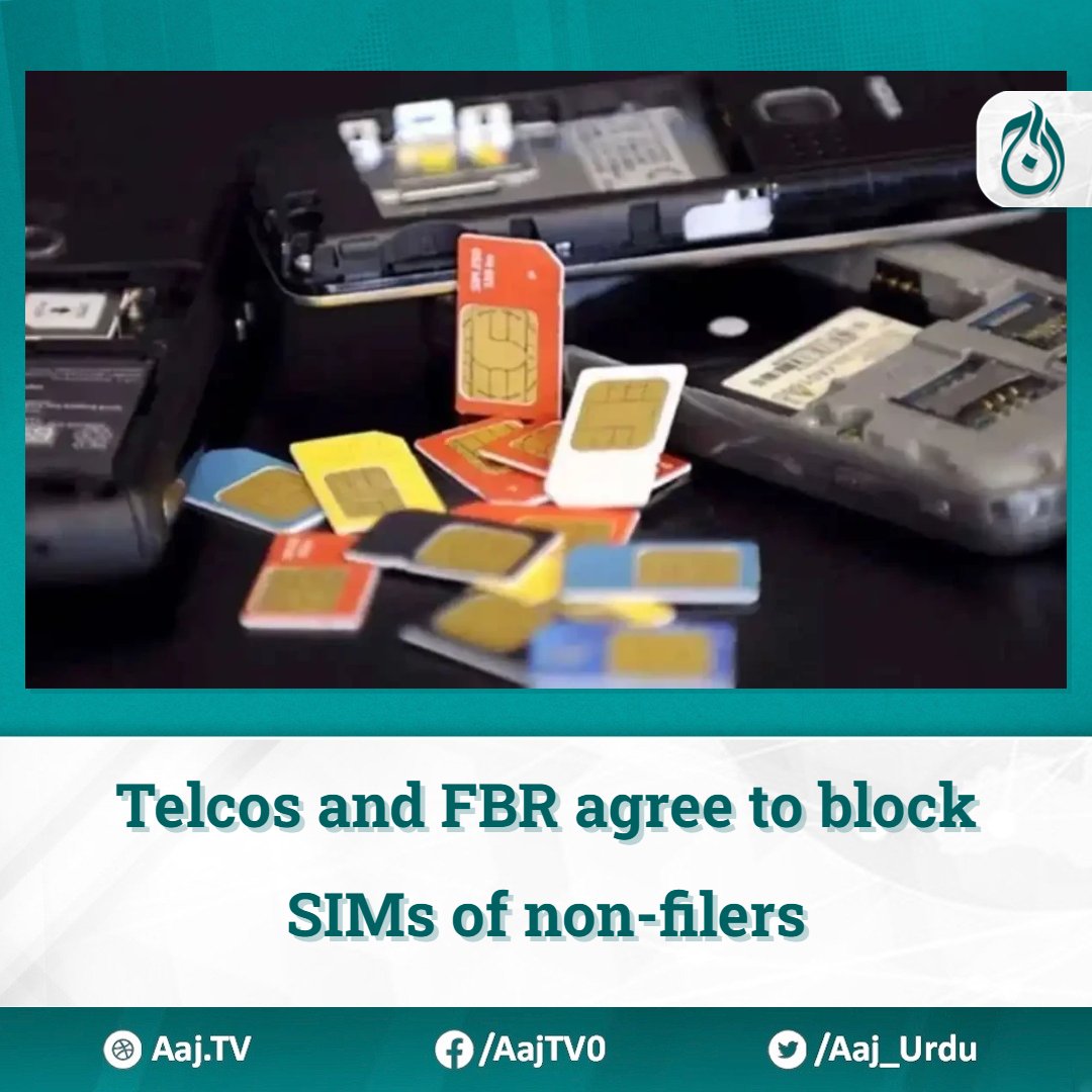 Telcos and FBR agree to block SIMs of non-filers

Read more: english.aaj.tv/news/330360863…

#TelcosAndFBRConsensus #BlockingSIMs #NonFilers #TaxCompliance #TelecomSector