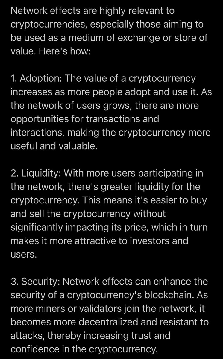 BasedWaifuu's tweet image. @yourfriendSOMMI mentions network effects like it’s a double edged sword: you want to come into an established community, but not SO established that the price is expensive.
This is what #ChatGPT #AI has to say about network effects in #crypto