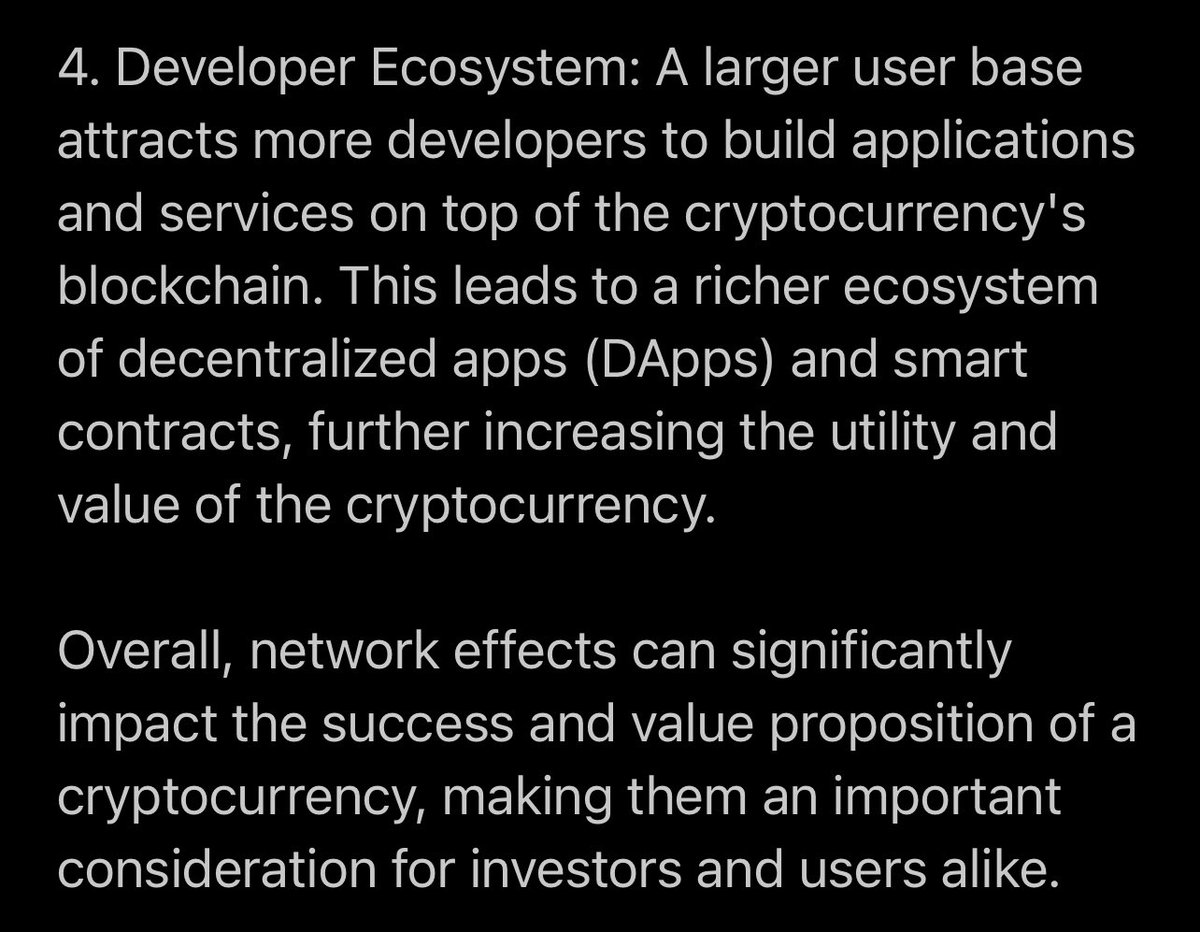 BasedWaifuu's tweet image. @yourfriendSOMMI mentions network effects like it’s a double edged sword: you want to come into an established community, but not SO established that the price is expensive.
This is what #ChatGPT #AI has to say about network effects in #crypto