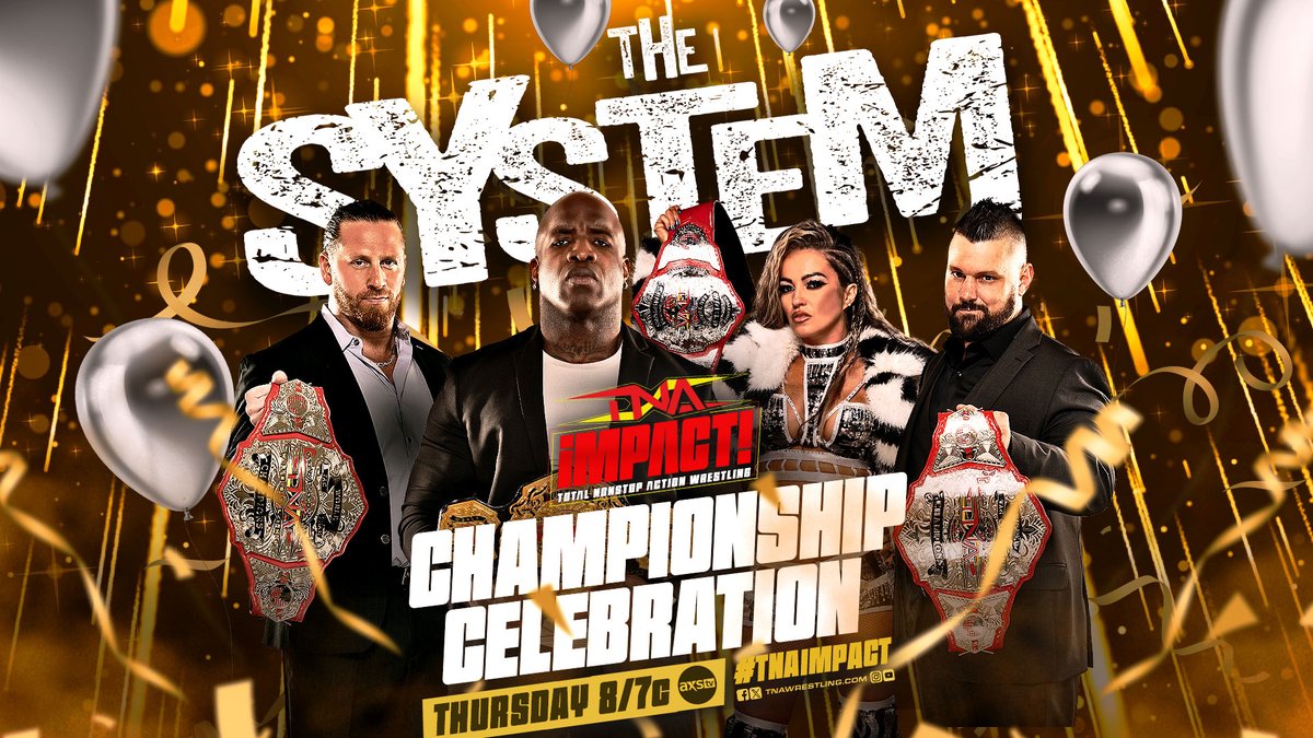 THURSDAY at 8/7c on #TNAiMPACT on @AXSTV! The Systems Championship Celebration @Myers_Wrestling @TheMooseNation @MrsAIPAlisha @TheEddieEdwards