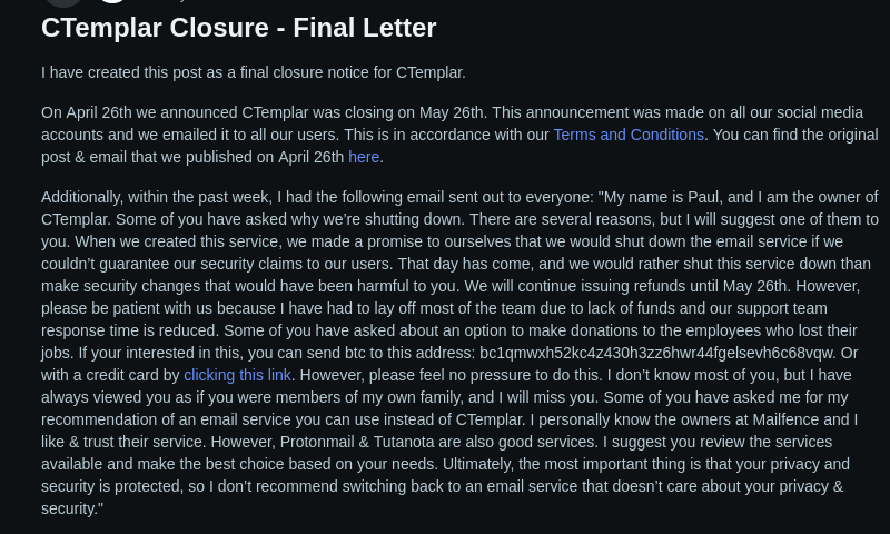 Looks like CTemplar Is Closed as well. Here is their Final Letter