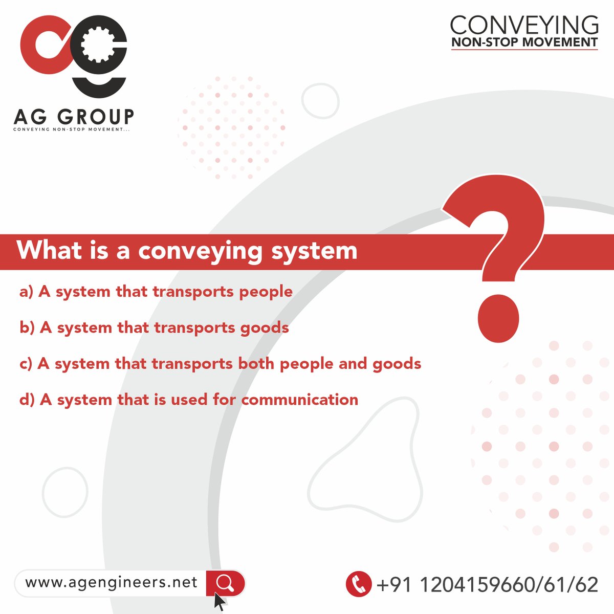 Test your knowledge! 
Write your answer in the comments below!

#aggroup #agengineers #MCQ #mcqchallenge #MCQsTest #DidYouKnow #answers  #conveyor #conveyorbelts #modularbelts #conveyorsystems #conveyorsolution #manufacturingindustry #startupbusiness
