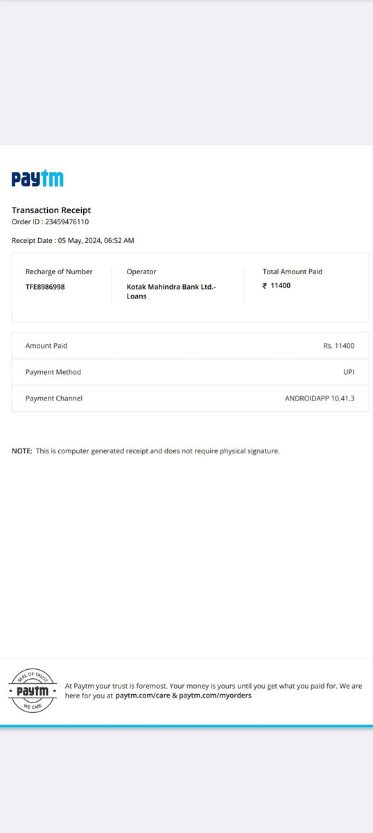 @Paytmcare @Paytm @RBI मैंने अपने
ट्रैक्टर लोन ईएमआई का 5 मई को भुगतान पेटीएम से किया था, जो की पेंडिंग में चल गया था, लेकिन भुगतान 6 मई को सफल हो गया, लेकिन ईएमआई अभी भी ओवर ड्यू है, ईएमआई का भुगतान का स्टेटस अपडेट नहीं हुआ है
