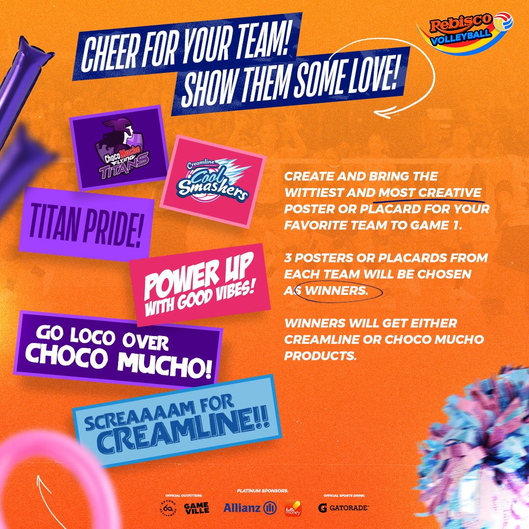 Contest time! Make the wittiest, most creative banner or placard and bring it to the Araneta Coliseum on May 9, 2024, 6 pm to wave for your team! Post your selfies and reactions at the Araneta Coliseum with your placards and banners with the hashtag #sisterhoodshowdown and tag us