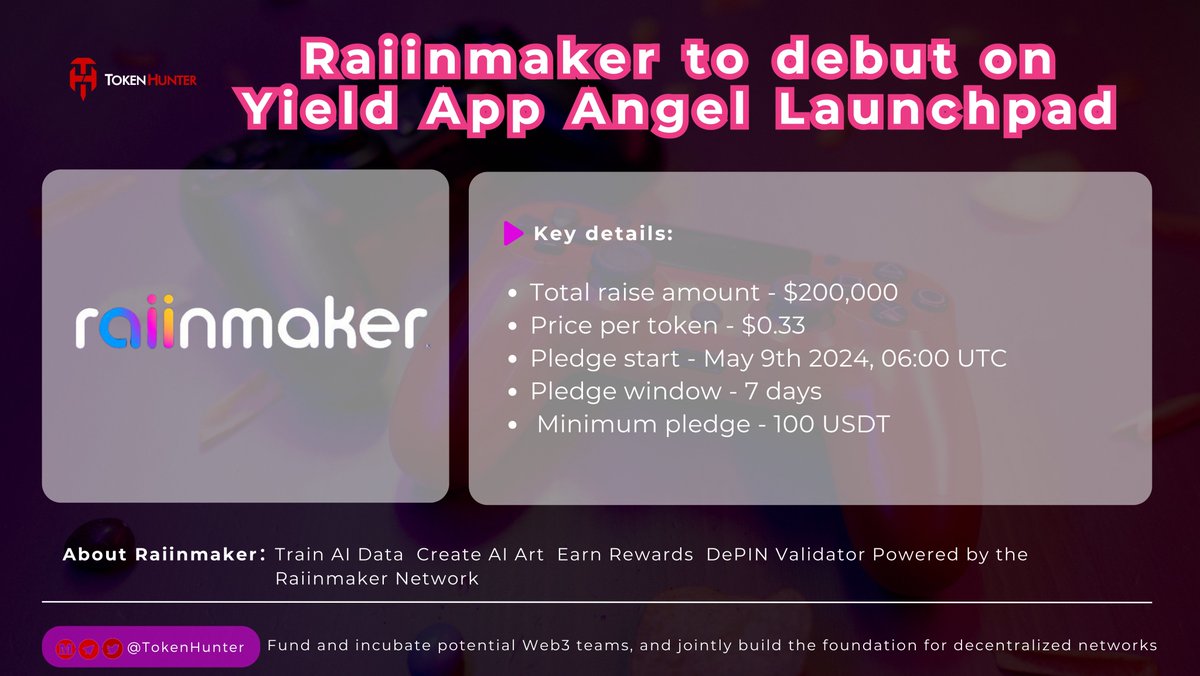 🔥@Raiinmakerapp to debut on @YieldApp Angel Launchpad 🎯Total raise amount - $200,000 💰Price per token - $0.33 ⏰Pledge start - May 9th 2024, 06:00 UTC 👉Learn more: yield.app/launchpad/raii…