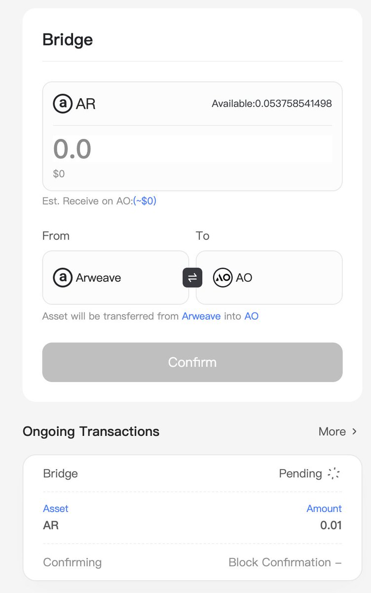 aox.arweave.dev
The AR cross-chain bridge on aos has been launched, welcome everyone to try it out and win AOX bridge points.
#AOS #AR