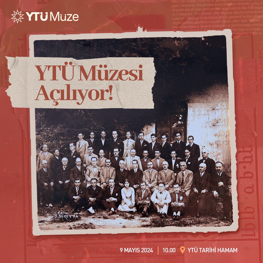 YTÜ Müzesi Açılıyor! YTÜ Müzesi'nde 113 yıllık mirasımıza tanıklık ederek, unutulmaz anıları ve ilham dolu hikayeleri keşfetmeye hazırlanıyoruz! 🗓️ 9 Mayıs 2024 🕜 10.00 📍 YTÜ Tarihi Hamam #YTÜKültürSanat #YTÜTarihineSahipÇıkıyor